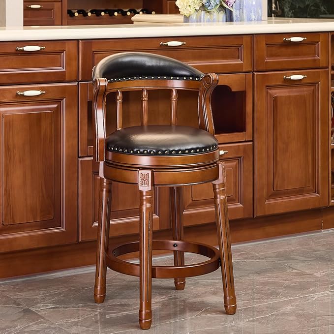Cow top Leather Wooden Bar Stools, 26" Seat Counter Height Bar Chair with Back, 180 Degrees Swivel Bar Stools Chair for Home Kitchen Counter,Restaurant,1pc (Black-1pc, Counter Seat height 26in)
