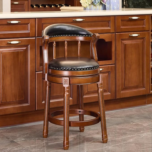 Cow top Leather Wooden Bar Stools, 29.5" Height Bar Chair with Back, 180 Degrees Swivel Bar Stools Chair for Home Kitchen Counter,Restaurant (Black-2pcs, Counter Seat Height 26in)