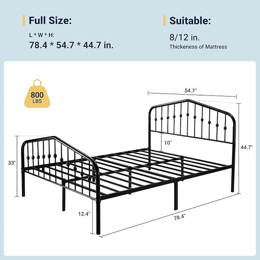 Allewie Full Size Metal Platform Bed Frame with Vintage Headboard and Footboard, No Box Spring Needed, Easy Assembly, Black