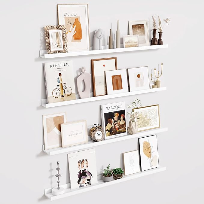Fun Memories 40 Inch Floating Shelves for Wall - Wall Shelves with Lip Set of 4 - Nursery Bookshelf for Storage - Picture Ledge Shelf for Bedroom - Living Room - Kitchen - White Color