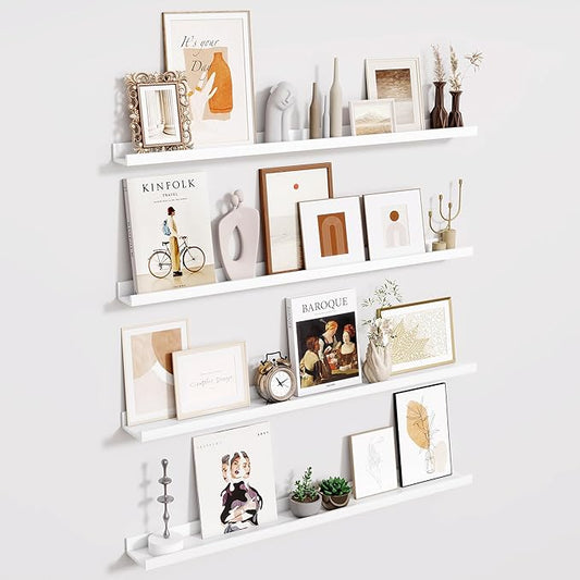 Fun Memories 40 Inch Floating Shelves for Wall - Wall Shelves with Lip Set of 4 - Nursery Bookshelf for Storage - Picture Ledge Shelf for Bedroom - Living Room - Kitchen - White Color
