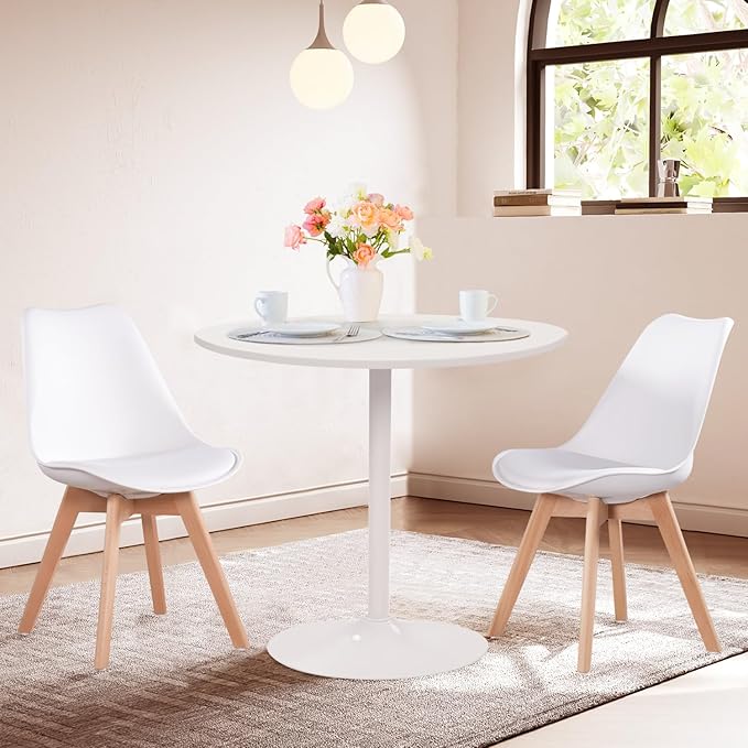 Dining Chairs Set of 6, Side Chairs Upholstered Armless Mid-Back Faux Leather Cushioned for Dining Room Kitchen Living Room, Soft Padded Seats & Solid Wood Legs, White