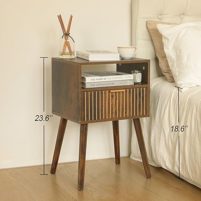 MaxSmeo Small Nightstand with Drawer, Mid Century Modern Bedside Table for Bedroom and Small Spaces, Solid Wood Legs, Easy Assembly, Rustic Brown