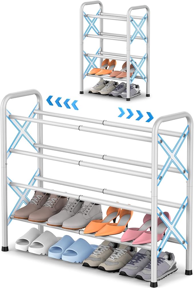 4-Tier Expandable Shoe Rack for Closet Floor, X-Frame Metal Small Shoe Rack for Entryway, Adjustable Shoe Shelf Organizer, Free Standing Shoe Racks for Front Door Entrance, Garage - White