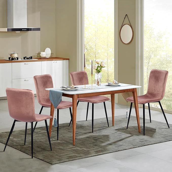 FurnitureR Scandinavian Dining Chairs Set of 4, Comfy Side Chair with Velvet Seat Sturdy Metal Legs for Kitchen Living Bed Room, Rose