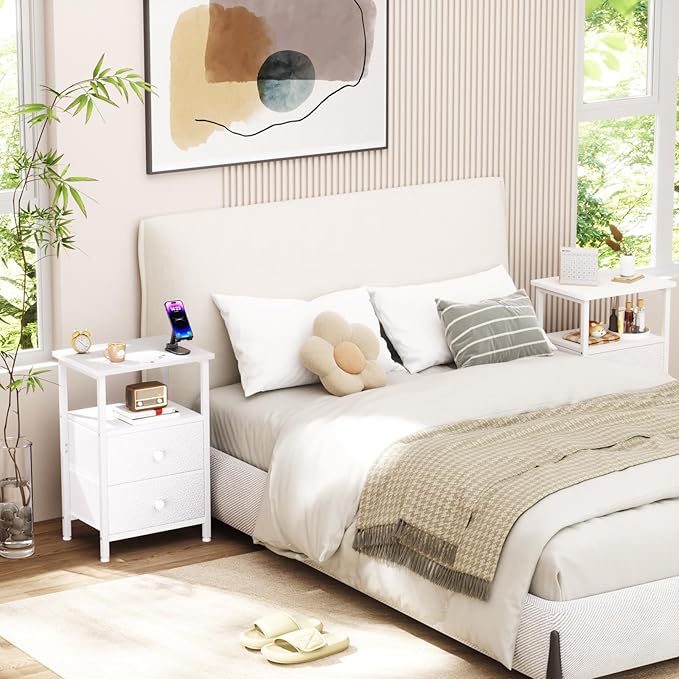 Night Stand Set 2, Bed Side Table with 2 Fabric Drawers, Nightstand with Open Storage Shelf for Bedroom, Small End Tables Living Room, White, HETS002WP