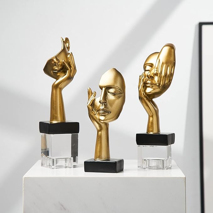 3 Pcs Gold Thinker Statues Sculptures for Home Decor, Golden Statues Table Decor Accents, House Decorations for Living Room Bedroom Office, Bookshelf Decorative Objects