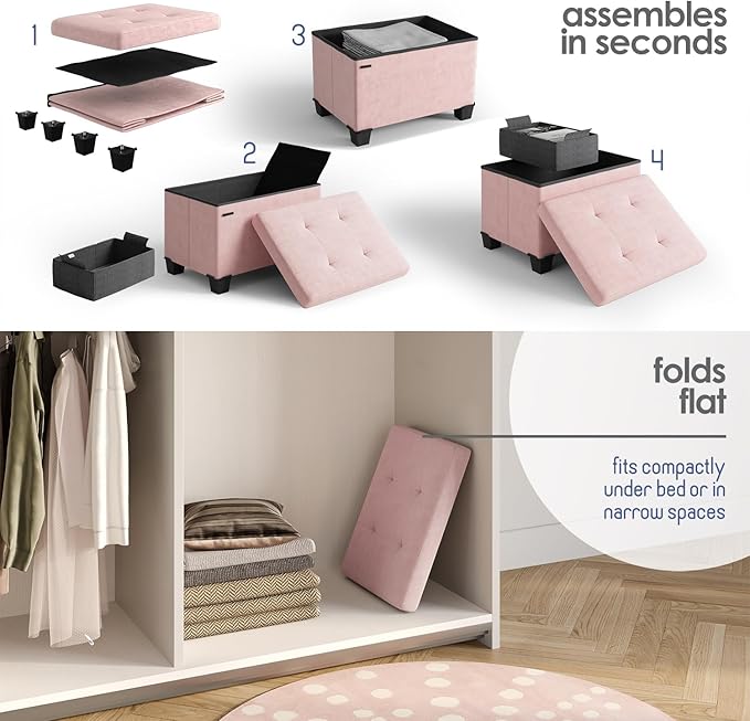 Storage Ottoman Cube with Small Bin, 16-in Square Ottoman with Storage for Living Room and Bedroom, Small Ottomans Foot Rest, Velvet Foot Stools Ottomans Max 330lbs, Pink