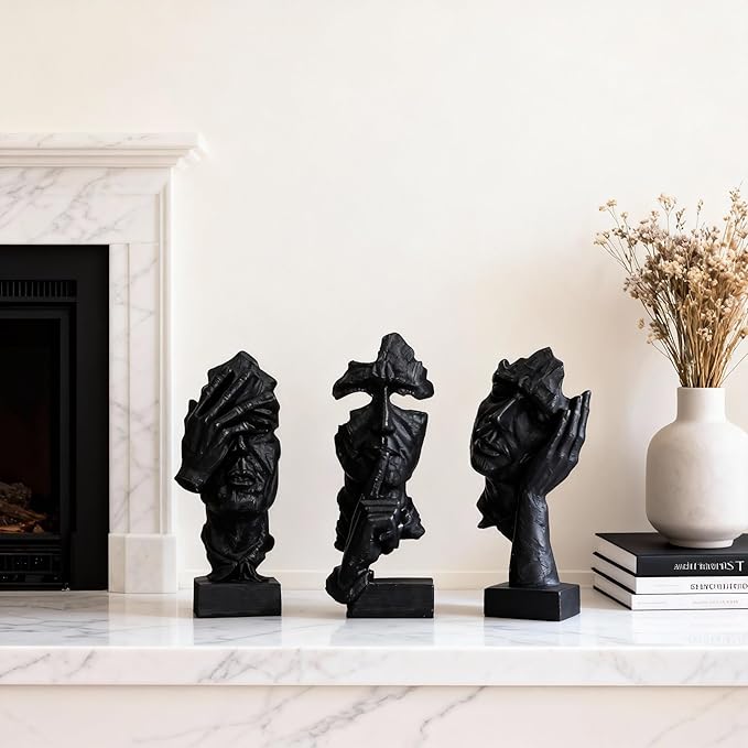 3 Pcs Thinker Statue, Silence is Black Abstract Art Figurine, Modern Home Resin Decorative Objects Decor for Home Office Bookshelf Desktop,No Hear No See No Speak Knick Knacks