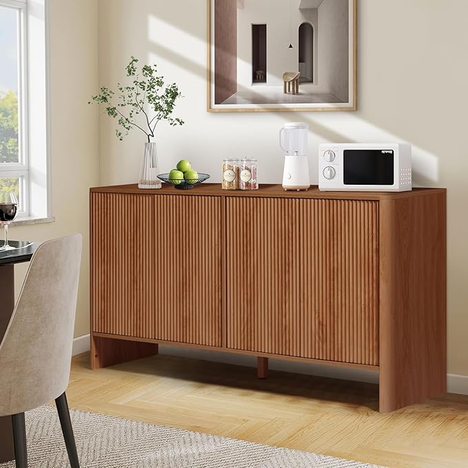 Modern Accent Buffet Cabinet with Adjustable Shelves, Storage Cabinet with 4 Doors, Modern Sideboard Buffet Cabinet, Freestanding Sideboard with Fluted Doors for Kitchen and Living Room (Walnut)