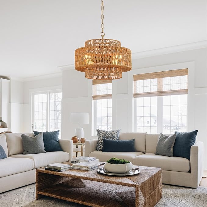 17.8" Boho Rattan Chandelier Light Fixture, 4-Light Golden Hand Woven Pendant Light Fixture Farmhouse Rustic Wicker Chandeliers for Kitchen, Bedroom, Dining Room, Living Room, Hallway, Foyer
