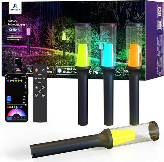 APPECK Pathway Lights Outdoor 800LM, RGBCW Low Voltage Landscape Lighting, Smart APP and Alexa Control, IP65 Waterproof, Color Changing Walkway Lights for Garden, Yard, Patio, Christmas, 4 Pack