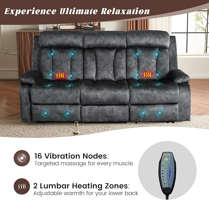 Electric Power Reclining Sofa w/Flipped Middle Backrest & Cup Holders, Power Recliner Couch w/Massage & Heat, Spacious 3-Seater Couch for Living Room Comfort (Gray)