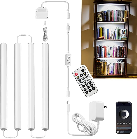 4pcs LED Display Case Cabinet Lights Plug in, Under Shelf Lighting 12 inch 12V 6000K Daylight White Dimmable Timer with Remote Smart App Control for Shelves Kitchen Counter Cupboard