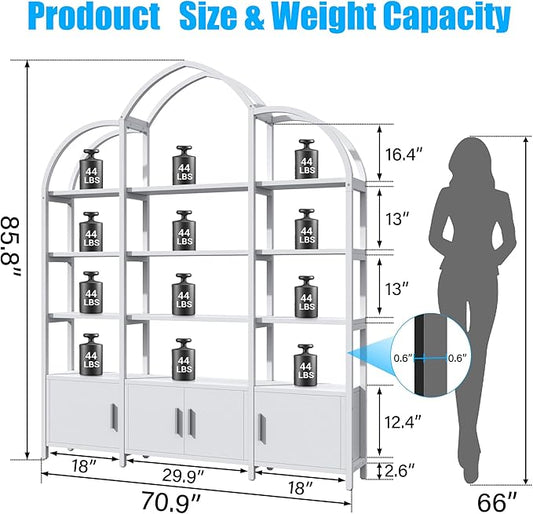 Tall Arched Bookshelf and Bookcase with 3 Cabinets, Triple Wide 5 Tier Industrial Etagere Open Bookshelf, Wood Book Shelf for Bedroom Living Room (White)