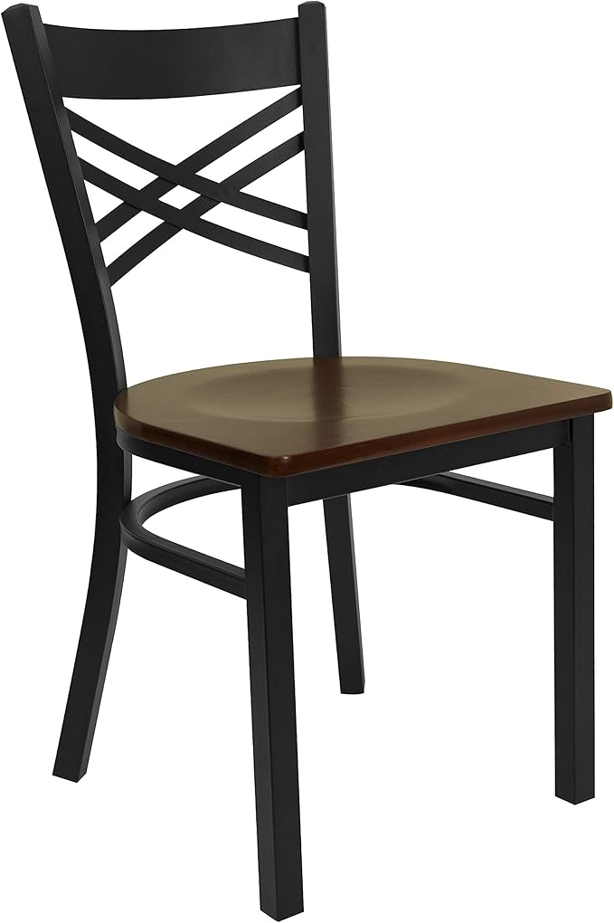 Flash Furniture HERCULES Series Black ''X'' Back Metal Restaurant Chair - Mahogany Wood Seat