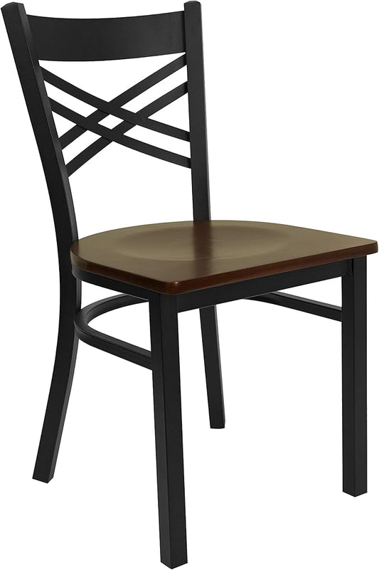Flash Furniture HERCULES Series Black ''X'' Back Metal Restaurant Chair - Mahogany Wood Seat