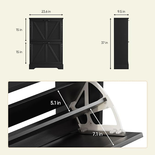 Semiocthome Farmhouse Shoe Storage Cabinet with 2 Flip Drawers, 23.6"(W) Freestanding Shoe Organizer with Barn Door and Metal Handles for Entryway, Corner Rustic Narrow Shoe Rack Cabinet - Black
