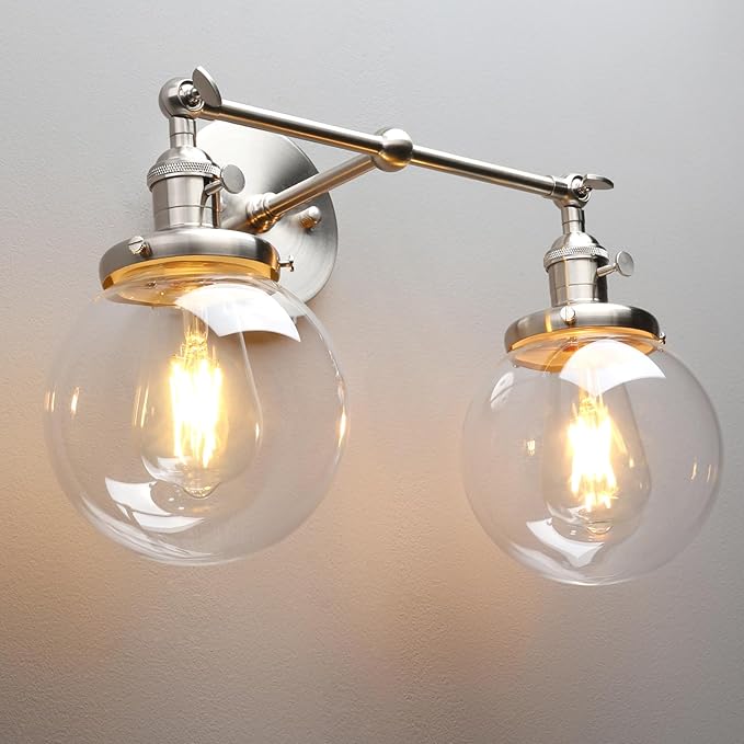 PERMO Double Sconce Vintage Industrial Antique 2-Lights Wall Sconces with Dual Mini 5.9" Round Clear Glass Globe Shade (Brushed Nickel)