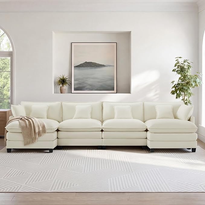 KISLOT 157" Oversized Modular Sectional Sofa,U-Shaped Cloud Couch with Movable Ottoman,Thick Cushions,6 Deep Seats with 6 Throw Pillows Sofa Couch Set for Living Room, Bedroom | Wood Frame