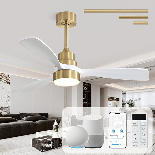 CACI Mall 48 inch Smart Ceiling Fans with Lights, Low Profile, Modern, Gold, 3 Blades, Solid Wood, Remote Control, Work with Alexa/Google, Outdoor Indoor Ceiling Fans for Patio Living Room Bedroom