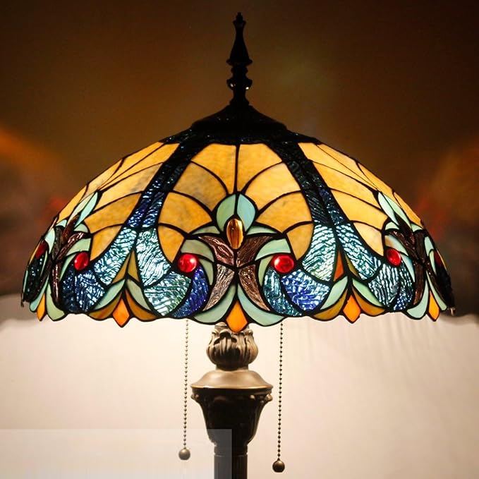 WERFACTORY Tiffany Floor Lamp Blue Yellow Liaison Stained Glass Standing Reading Light 16X16X64 Inches Antique Pole Corner Lamp Decor Bedroom Living Room Home Office S160E Series