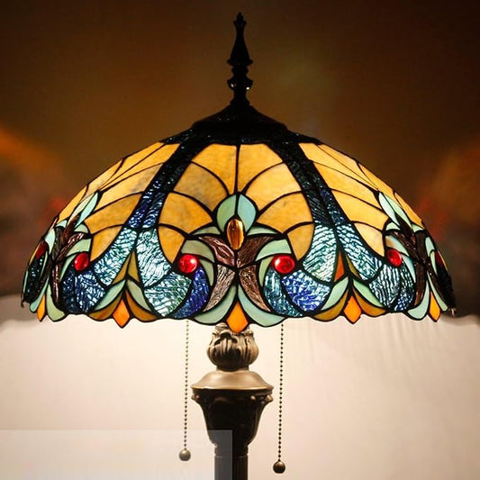 WERFACTORY Tiffany Floor Lamp Blue Yellow Liaison Stained Glass Standing Reading Light 16X16X64 Inches Antique Pole Corner Lamp Decor Bedroom Living Room Home Office S160E Series