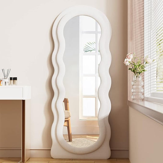 TinyTimes Full Length Mirror Floor Mirror, 63" x 24" Wavy Body Mirror, Standing Mirrors Full Length for Bedroom, Living Room, Cloakroom, Wavy Mirrors, White