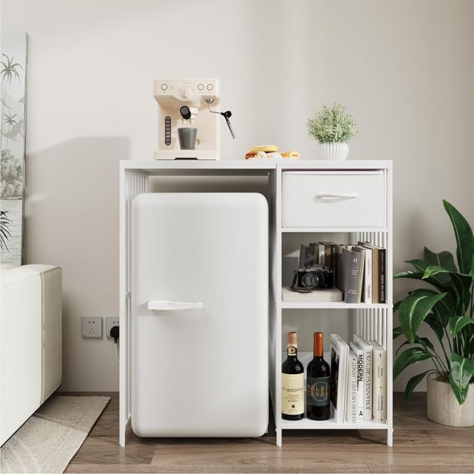 VOWNER Mini Fridge Cabinet with Power Outlet, 3-Tier Industrial Style Kitchen Microwave Stand Baker Rack with Drawer, Utility Storage Shelf for Home Kitchen Dorm Office, White, 35" Lx22 Wx37 H