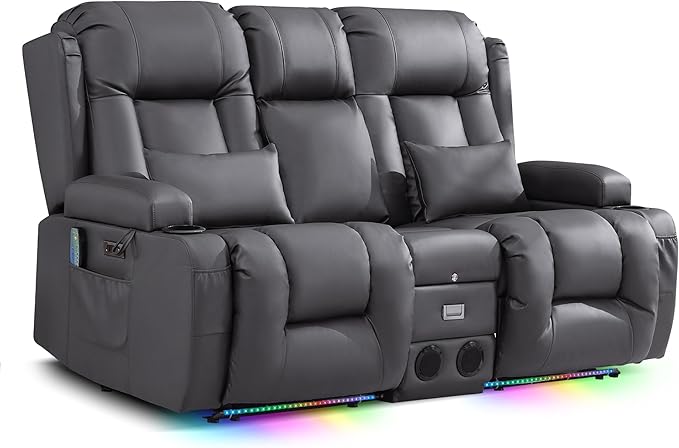 TUNYI Wall Hugger Loveseat Recliner Sofa with Console, Power Reclining Loveseat RV Couch with Massage & Heat/USB/Outlet/Storage/LED Light/Speaker (Light Grey, 2 Seat with Console)