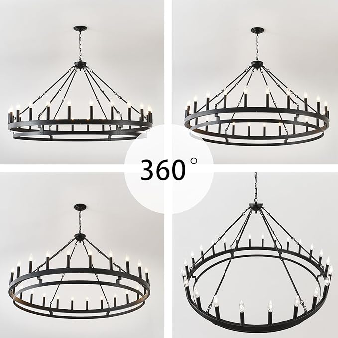 53 inch Large Black Wagon Wheel Chandelier,Farmhouse Industrial Country Style Round Pendant Light Fixture,Round Ceiling Light fixtures for Outdoor Porch high Ceilings Living Foyer Entryway