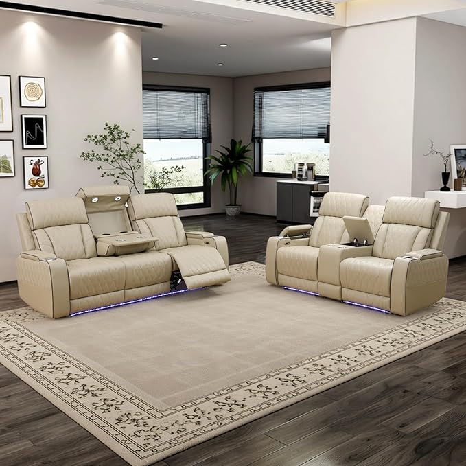 Power Leather Recliner Sofa Set with LED Light,Reclining Sofa and Loveseat Set with USB Port/Cup Holder/Storage,Luxury Leather Couch for Living Room/Home Theater(3+2 Seats,Beige)