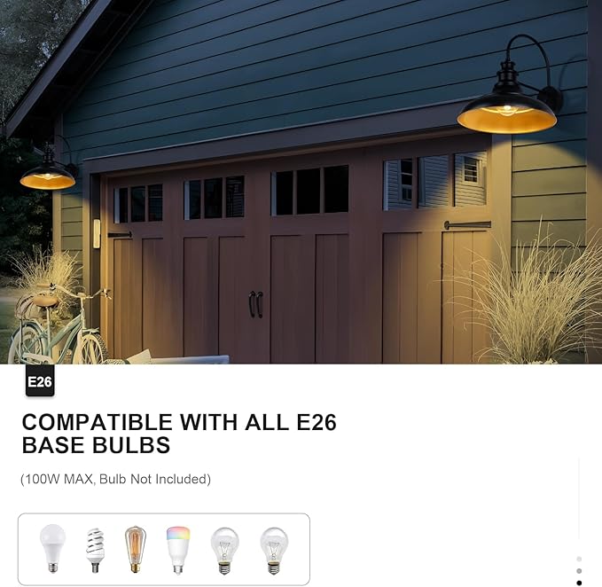 Dusk to Dawn Sensor Outdoor Barn Light Fixture, 16 Inch Dome Farmhouse Outdoor Wall Sconce, Exterior Wall Mount Light, Industrial Black Gold Wall Lantern for Porch, Garage, Shed,1 Pack