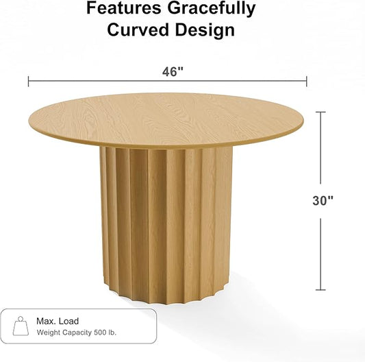 Casaphoria 46" Round Dining Table, Modern Wood Kitchen Table with Cylindrical Wide Bar Concave Base for Living Room & Dining Room, Easy Assembly Farmhouse Furniture for 4-6, Oak