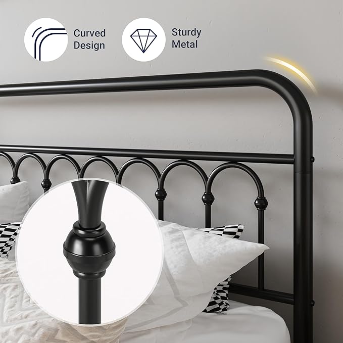 Allewie 14 Inches Queen Size Metal Platform Bed Frame with Victorian Style Curved Iron-Art Headboard/Footboard, Metal Slats Support, Easy Assembly, Under Bed Storage, No Box Spring Required, Black