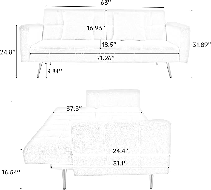 Eafurn Tufted Futon Sofa Bed, Teddy Futon Loveseat Couch Adjustable Recliner Sleeper Sofa Bed with Golden Metal Legs and 2 Pillows for Living Room, Apartment, Office,Small Love Seat | Golden Legs, Wood Frame