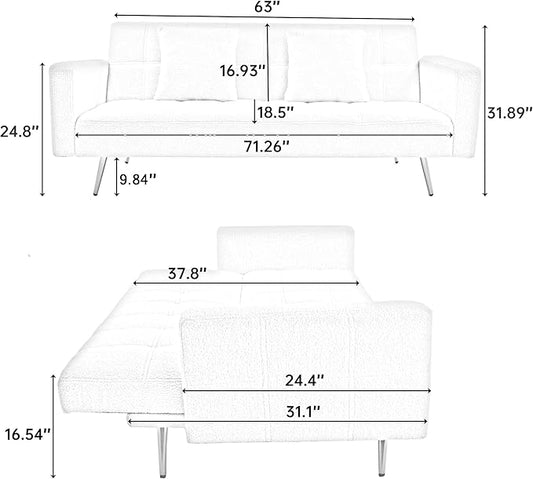 Eafurn Tufted Futon Sofa Bed, Teddy Futon Loveseat Couch Adjustable Recliner Sleeper Sofa Bed with Golden Metal Legs and 2 Pillows for Living Room, Apartment, Office,Small Love Seat | Golden Legs, Wood Frame
