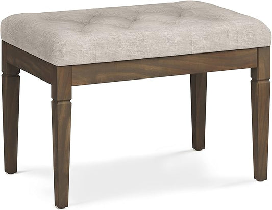 SIMPLIHOME Waverly Small Tufted Ottoman Bench - 28 inch Wide Upholstered Linen Look Fabric Rectangle Footstool Ottoman in Natural, Traditional Bench for Bedroom or Living Room with Carved Legs