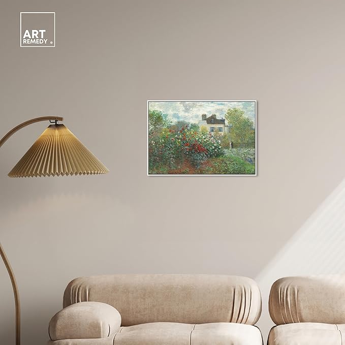 Art Remedy Monet-Garden With Dahlias Impressionism Classic Landscape Paintings Canvas Wall Art, White Floater Frame, 24"x36"