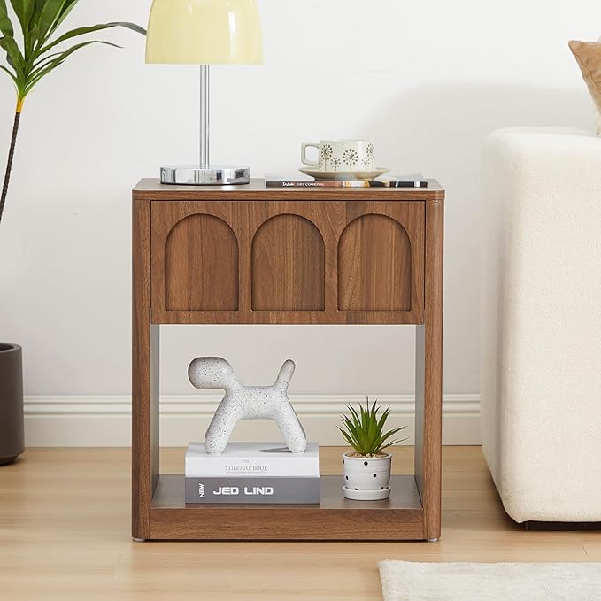 Small Nightstand with Storage, Accent Bedside Nightstand with Drawer, Mid Century Modern Bedroom Bed Side Table for Small Spaces, Dorm, Living Room, Couch Sofa Chair, Office - Walnut