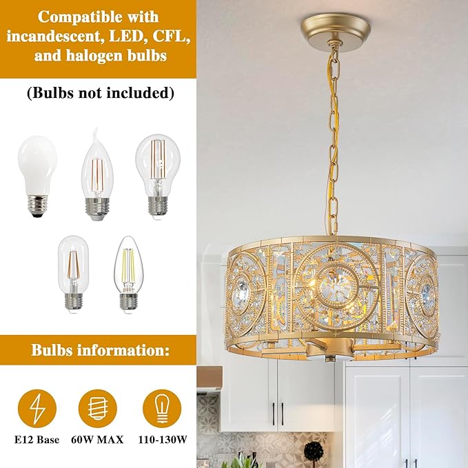 Vintage Crystal Round Chandelier 14.17" Gold Dining Room Chandelier Over Table 4-Lights Classic Drum Pendant Light Fixture for Living Room Kitchen Island Entryway.