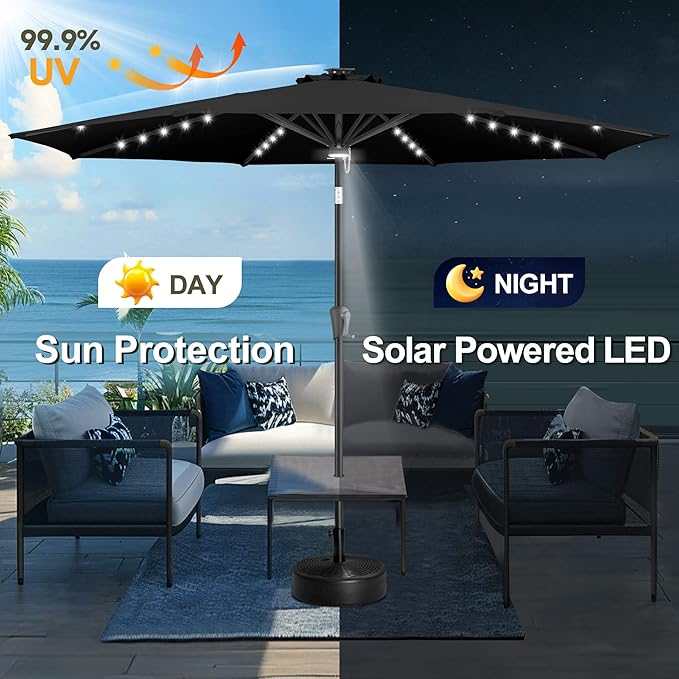 FLAME&SHADE 10 FT Solar Light Patio Umbrella, 40 LED lights outdoor umbrella with Centre Surround Light, Table Market Umbrella for Deck, Pool, Porch, Backyard, Garden, UV Protection, Black