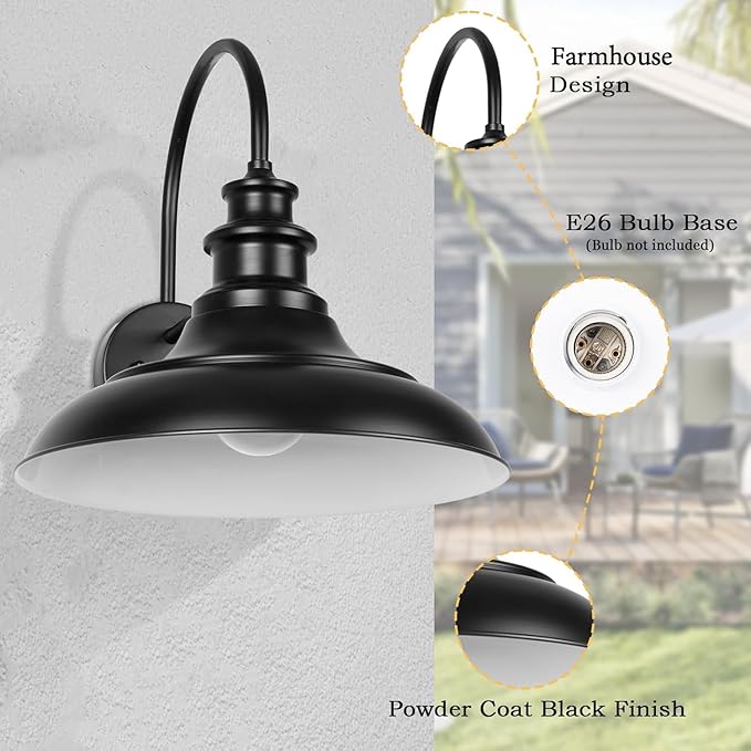 Dusk to Dawn Sensor Outdoor Barn Light Fixtures, 12.3 Inch Dome Farmhouse Outdoor Wall Sconces, Exterior Wall Mount Lights, Industrial Black White Wall Lanterns for Porch, DDRZ004-2 BK+WH