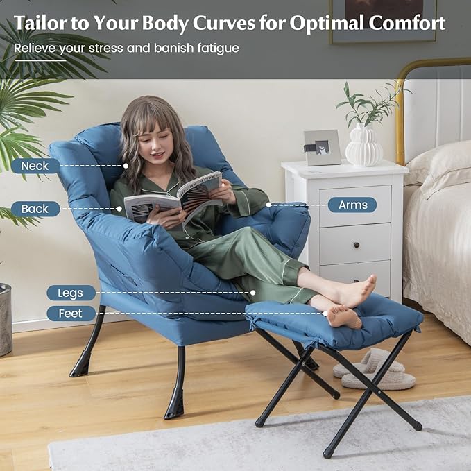 GORELAX Lazy Chair with Ottoman, Modern Accent Chair w/Armrests & Side Pocket, Upholstered Lounge Sofa Chair & Folding Footstool Set, Reading Chair for Bedroom, Living Room, Dorm Room (Navy)