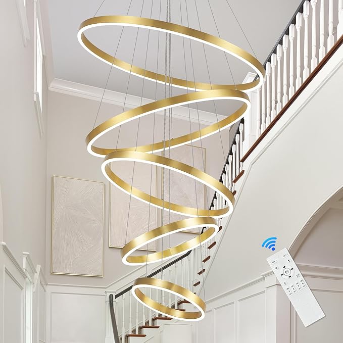 Gold Modern LED Chandeliers 5 Rings Chandelier for High Ceiling 31" Large Foyer Chandelier Entryway Dimmable Pendant Light Fixture for Living Room Staircase, 3000K-6500K