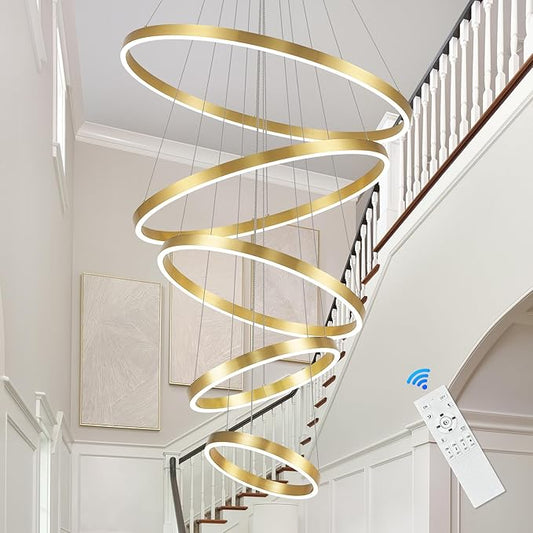 Gold Modern LED Chandeliers 5 Rings Chandelier for High Ceiling 31" Large Foyer Chandelier Entryway Dimmable Pendant Light Fixture for Living Room Staircase, 3000K-6500K