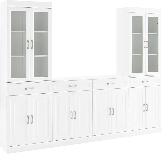 Crosley Furniture Stanton 3-Piece Sideboard Buffet Cabinet and Glass Door Kitchen Storage Pantry Set, White