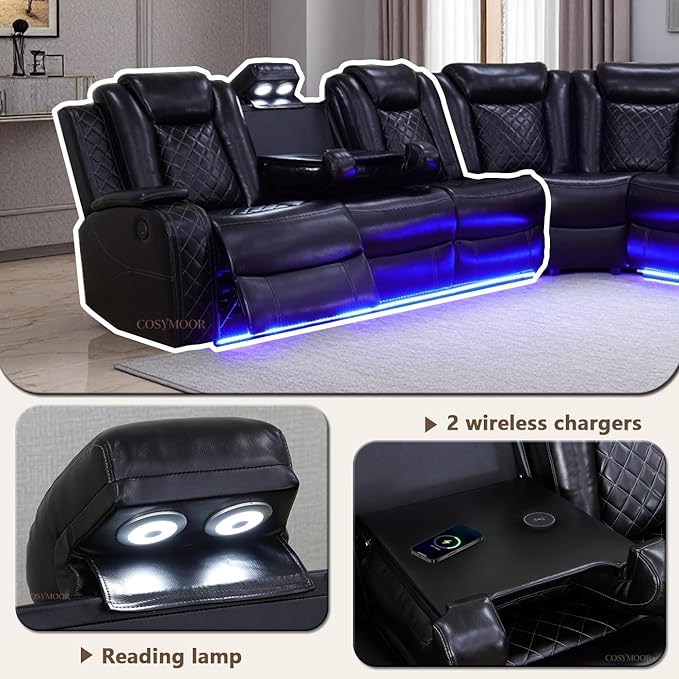 Power Breathing Leather Reclining Sofa, Power Recliner Sectional Sofa with Reading lamp/LED Light, Sectional Reclining Loveseat Couch with Hide-Away Storage for Living Room