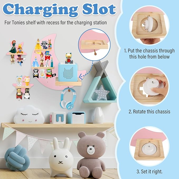 Moon + Stars for Toniebox 1/2 Tonies Figures Organizer Storage Shelf Wall Mounted, Magnetic Floating Shelves for Toniebox Player, Characters, Earphones, Display Collection 20~30 Characters (Pink)