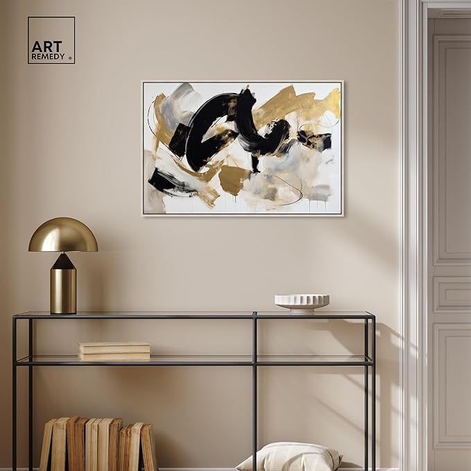 Art Remedy Moved Abstraction Canvas Modern Black White Abstract Wall Art, Silver Frame, 30" x 20"